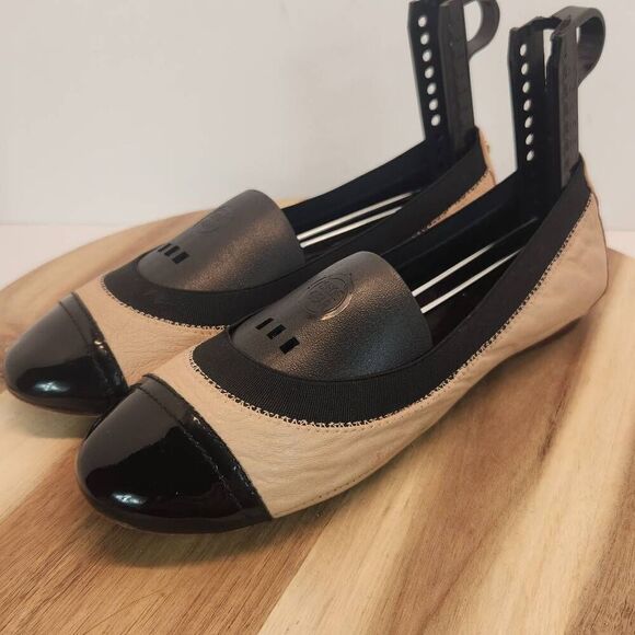 Tory Burch Bridgette Honeywheat Black Leather Quilted Cap Toe Ballet Flats 6 M - Picture 7 of 10